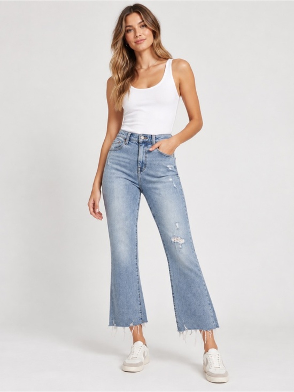 Pistola Distressed Raw Hem Flare Jeans Size 28 Light Wash High Rise Designer